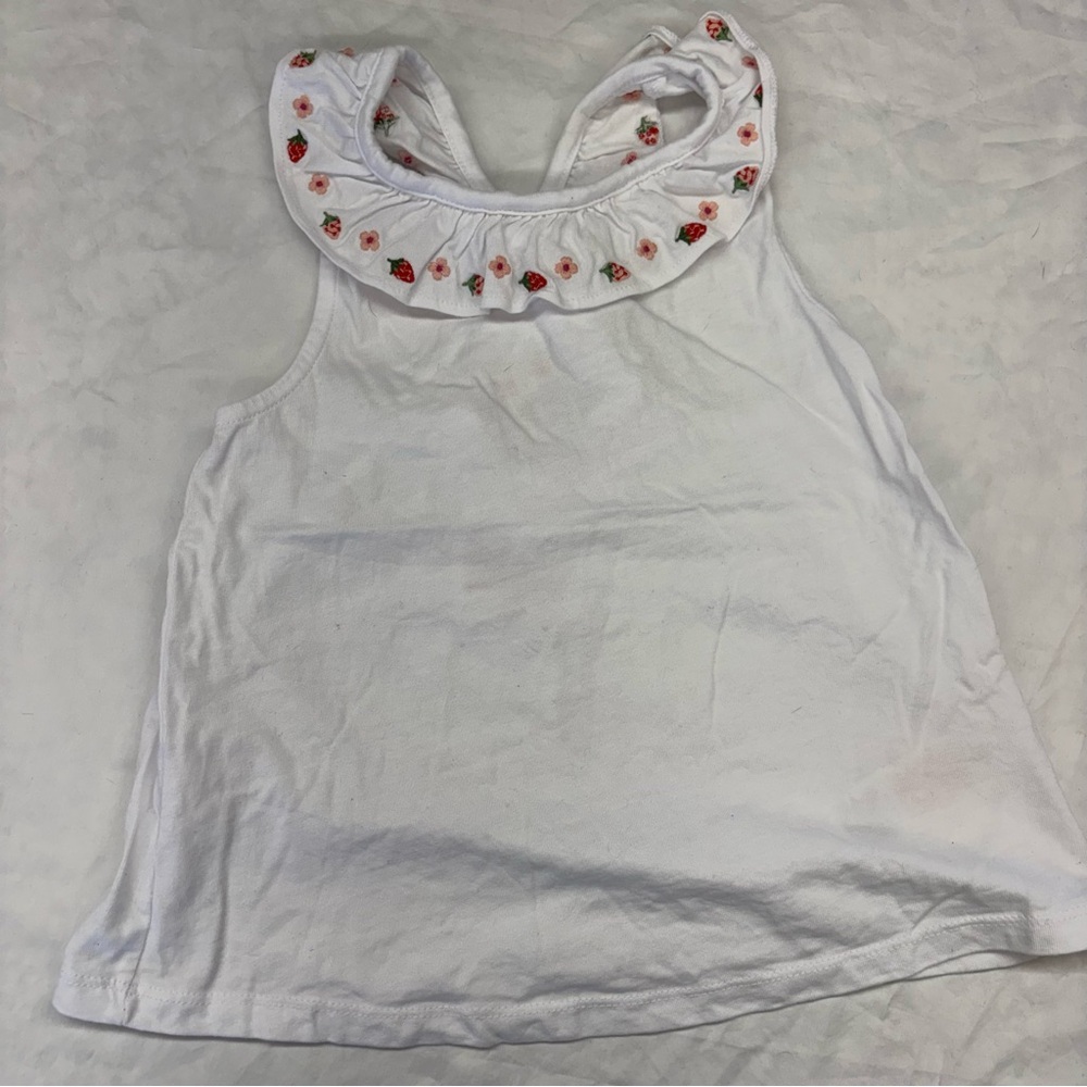 Mini Boden Criss‎ Cross Tank Tee Floral Strawberry Embroidery Size 7-8 VGUC